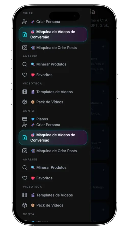 Menu completo do app