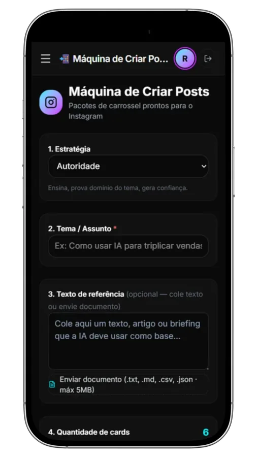 Tela do app — Máquina de Posts